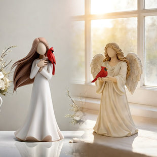 跨境新品树脂天使与红衣主教鸟摆件北欧风家居纪念亲友桌面装饰