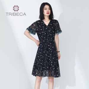TRIBECA翠贝卡夏季商场同款女士印花雪纺气质连衣裙