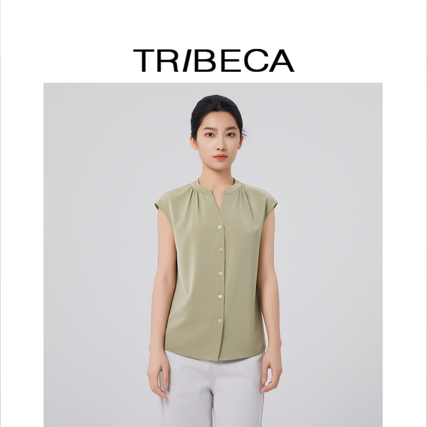 TRIBECA翠贝卡2026夏新款商场同款通勤无袖衬衫女单排扣职业衬衣
