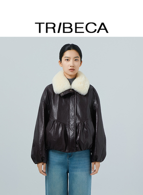 TRIBECA翠贝卡冬季新款鹅绒加厚羊毛领复古轻奢真皮羽绒服外套