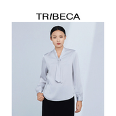 翠贝卡2024秋新款 商场同款 灰色通勤气质优雅飘带长袖 TRIBECA 衬衫