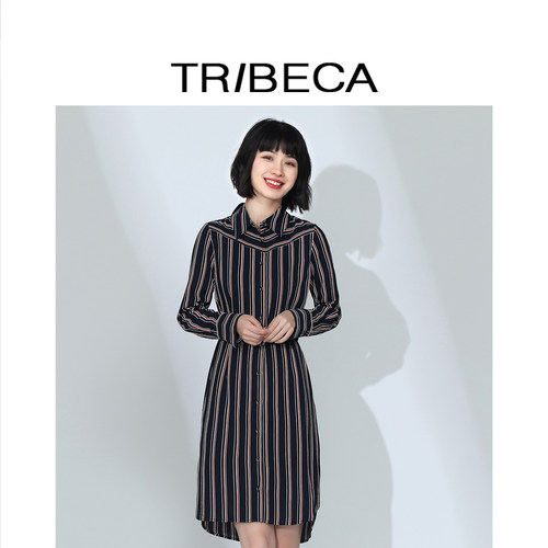 翠贝卡复古条纹连衣裙女中长款