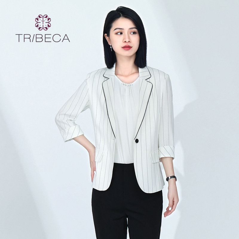 TRIBECA翠贝卡夏季商场同款通勤条纹小领装外套套装女小外套西装