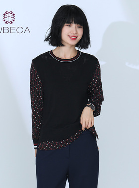 TRIBECA翠贝卡商场同款秋女拼接印花长袖圆领上衣