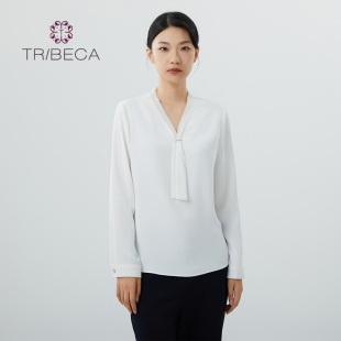 TRIBECA复古优质纯色秋新款 职场飘带商场同款 百搭长袖 上衣衬衫