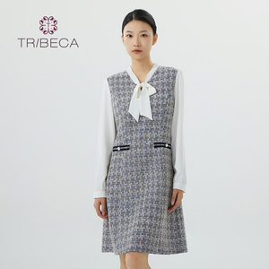 TRIBECA翠贝卡商场同款秋冬女士飘带通勤淑女拼接长袖连衣裙