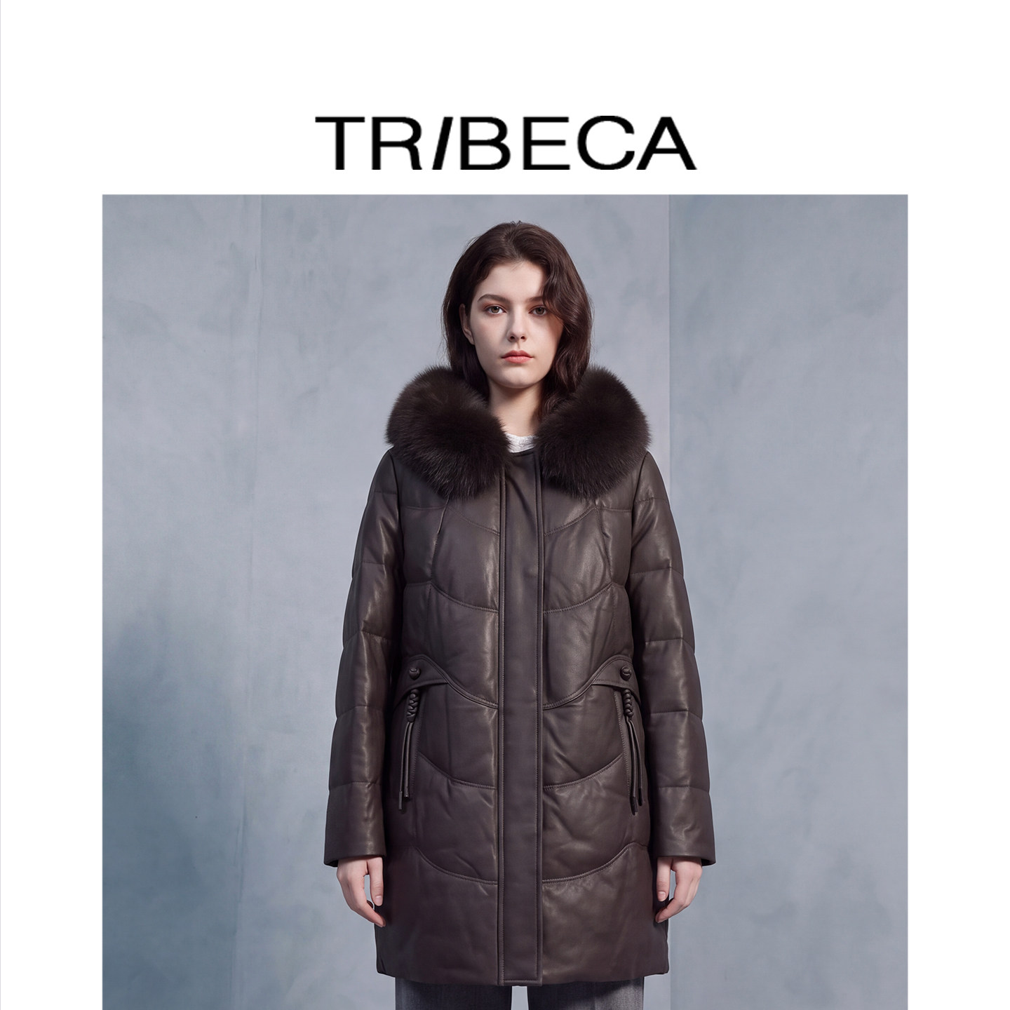 TRIBECA翠贝卡秋冬新款商场同款狐狸毛领绵羊皮羽绒服女中长款