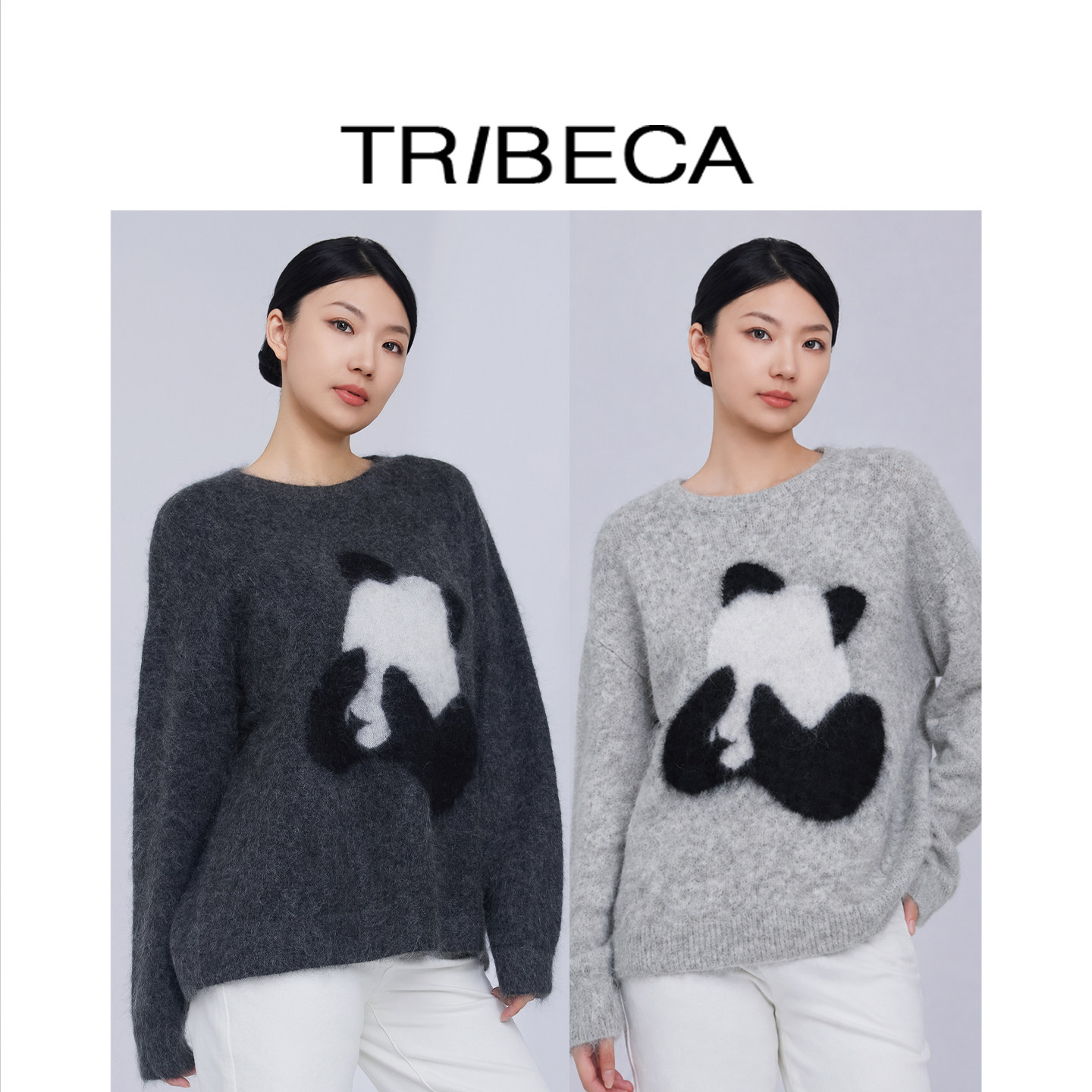TRIBECA翠贝卡秋冬新款宽松慵懒风马海毛灰色熊猫针织衫女S15Z826