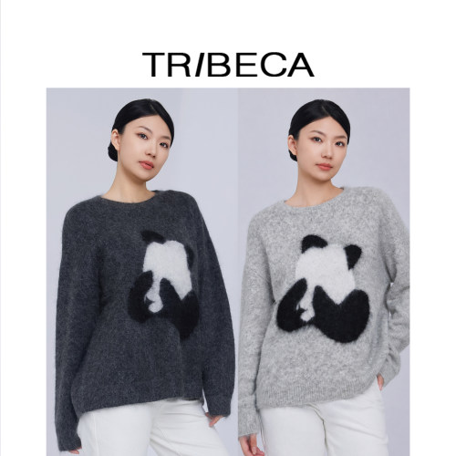 TRIBECA翠贝卡秋冬新款宽松慵懒风马海毛灰色熊猫针织衫女S15Z826