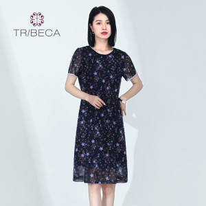 TRIBECA翠贝卡夏季商场同款女士印花短袖收腰连衣裙