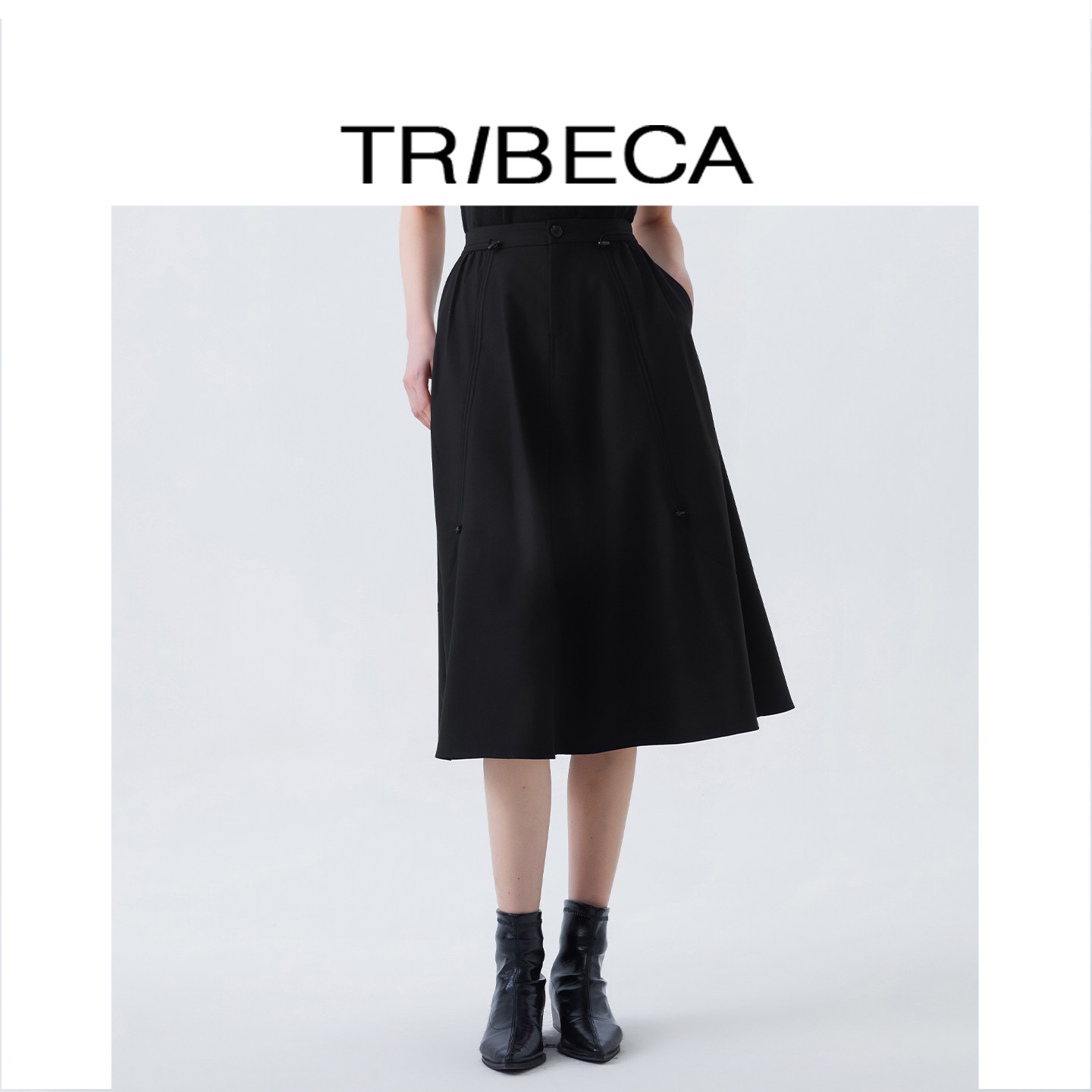 TRIBECA翠贝卡2026春新款商场同款高腰半身裙女黑色中长款A字裙