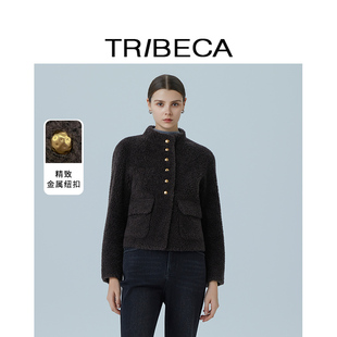 TRIBECA翠贝卡2025冬新款商场同款绵羊毛休闲颗粒绒短款外套女
