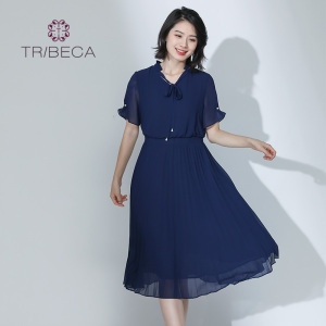 TRIBECA翠贝卡夏季商场同款V领短袖雪纺中长款连衣裙