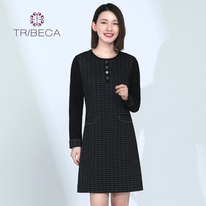 TRIBECA翠贝卡春秋商场同款女士格子修身气质连衣裙