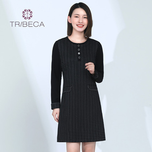 TRIBECA翠贝卡春秋商场同款女士格子修身气质连衣裙