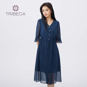 TRIBECA翠贝卡夏季商场同款波点气质女七分袖连衣裙