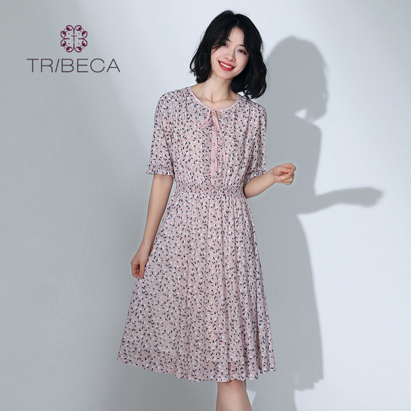 TRIBECA/翠贝卡夏季商场同款收腰修身印花短袖连衣裙