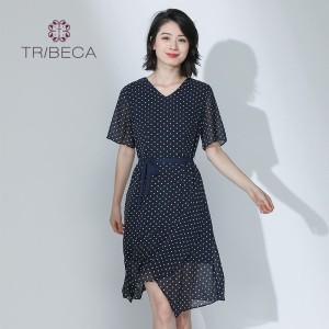 TRIBECA翠贝卡夏季商场同款V领雪纺波点不规则连衣裙