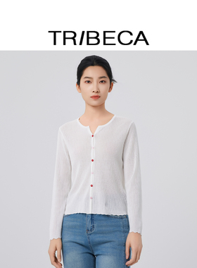 TRIBECA翠贝卡2026夏新款商场同款极简设计感镂空针织开衫女白色