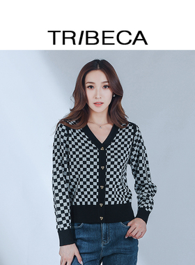 TRIBECA翠贝卡商场同款秋女拼色修身棋盘格针织开衫