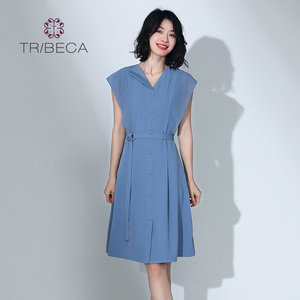 TRIBECA翠贝卡夏季商场同款女V领无袖收腰气质连衣裙