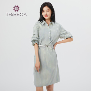 TRIBECA翠贝卡夏季商场同款领条纹设计感连衣裙