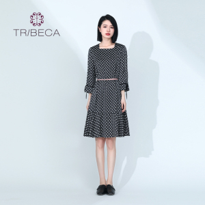 TRIBECA翠贝卡商场同款春季夏季波点通勤方领A字裙中长裙女连衣裙