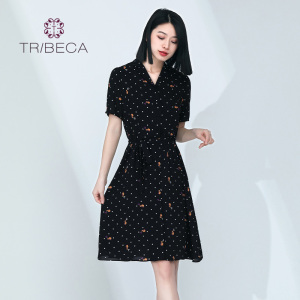 TRIBECA翠贝卡夏季商场同款女士时尚印花收腰连衣裙