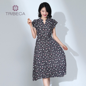 TRIBECA翠贝卡夏季商场同款短袖收腰雪纺波点连衣裙