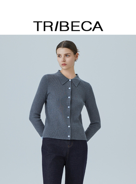 TRIBECA翠贝卡2025秋新款商场同款含绵羊毛Polo领开衫显瘦针织衫