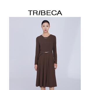 TRIBECA翠贝卡2024新款秋冬长袖打底收腰修身连衣裙职业连衣裙