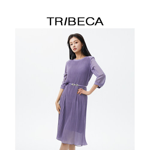 TRIBECA翠贝卡春季商场同款女气质七分袖纯色嘻嘻百褶连衣裙