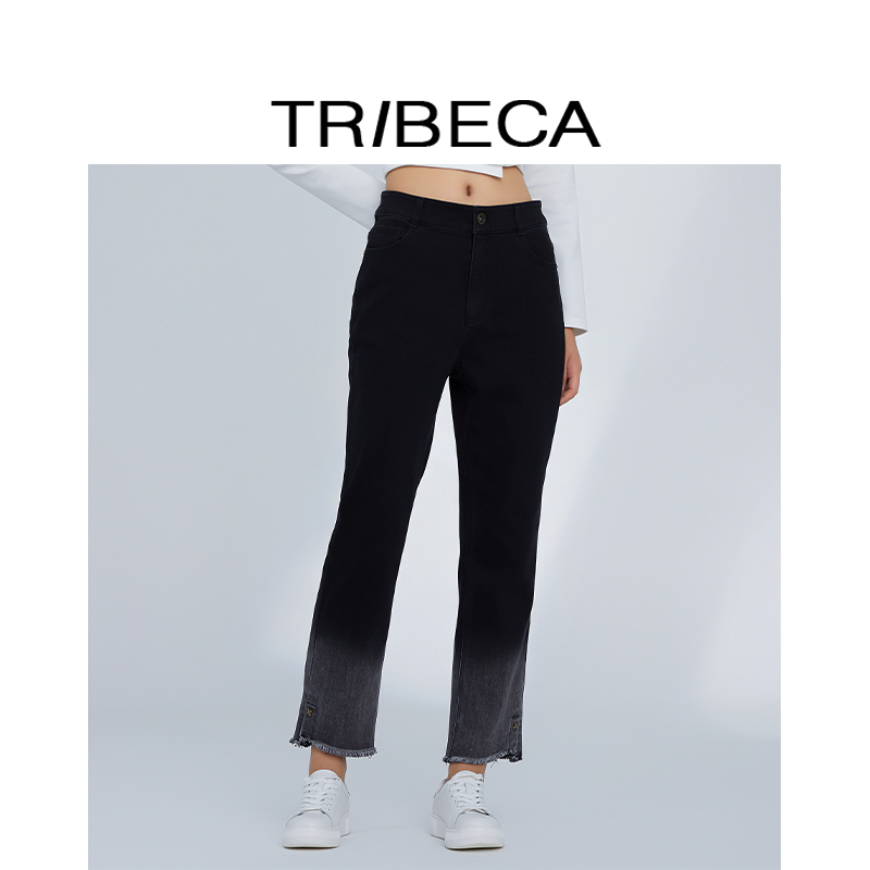 TRIBECA/翠贝卡2024秋新款商场同款黑色休闲渐变高腰女直筒牛仔裤