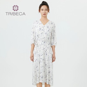 TRIBECA翠贝卡2024春季新款商场同款休闲女印花茶歇七分袖连衣裙