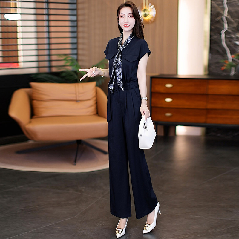 2025夏季新款时尚百搭宽松显瘦阔腿裤女小个子休闲套装连体裤丝巾