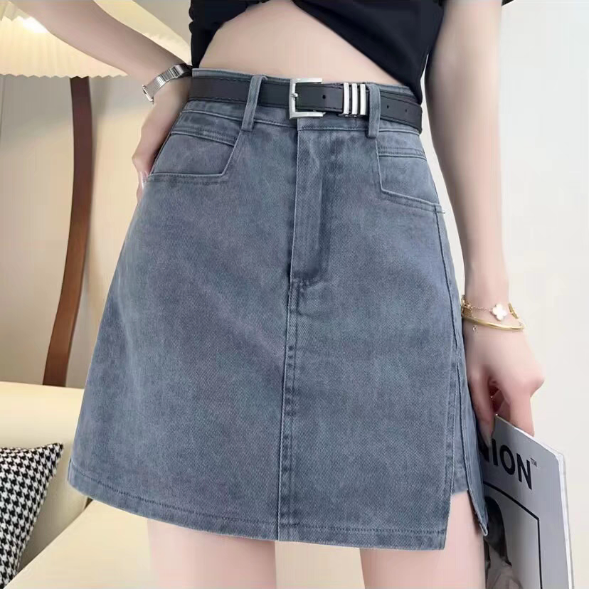 复古灰色开叉牛仔半身裙女短裙子