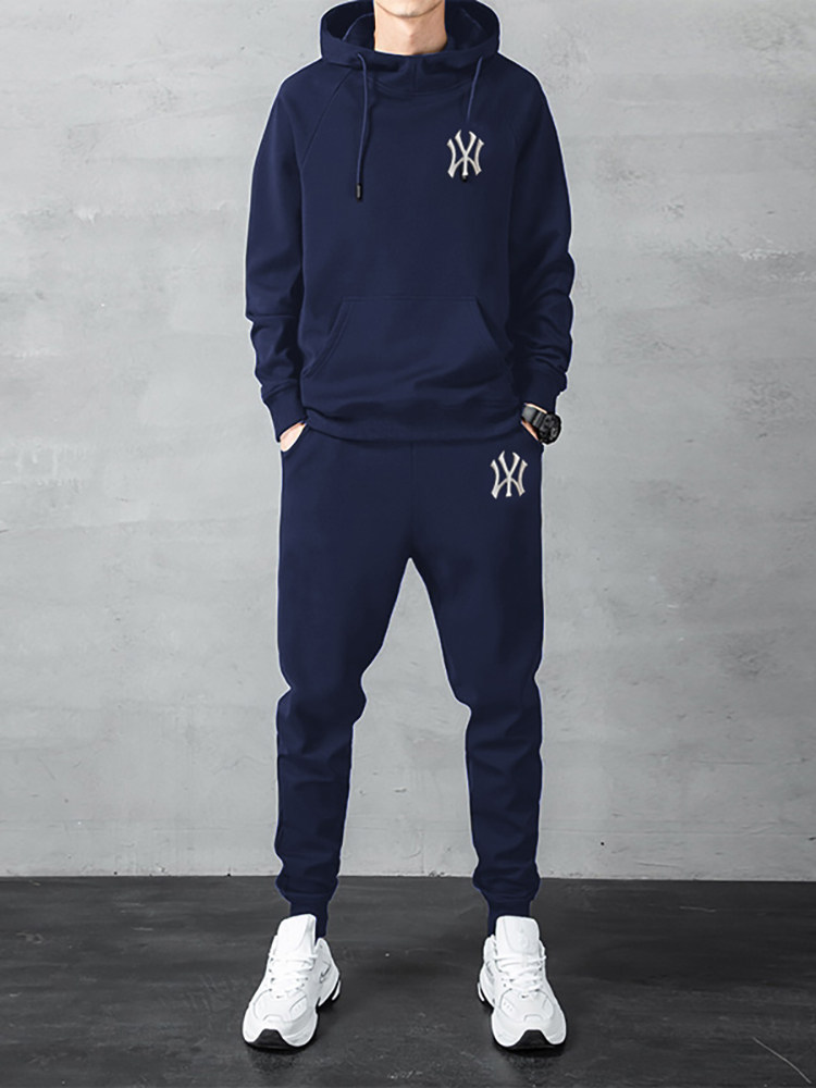 潮牌春秋新款跑步休闲运动服套装男士宽松大码连帽卫衣卫裤两件套