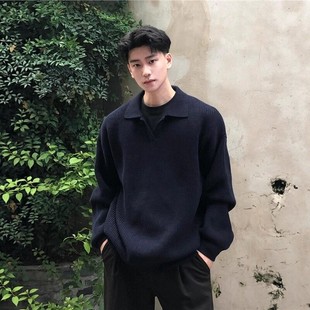 潮牌老钱风重磅毛衣男士2026新款polo领打底针织衫慵懒风翻领卫衣