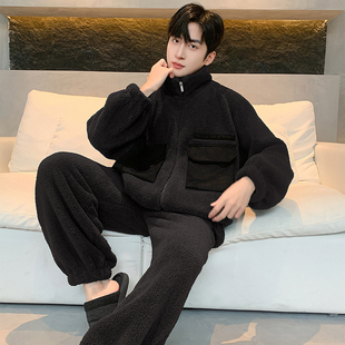 潮牌高级感保暖睡衣男士冬季加厚加绒可外穿时尚珊瑚绒家居服套装