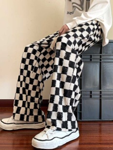 潮牌新款高级感时尚潮流格子直筒阔腿裤子男日系高街宽松休闲长裤