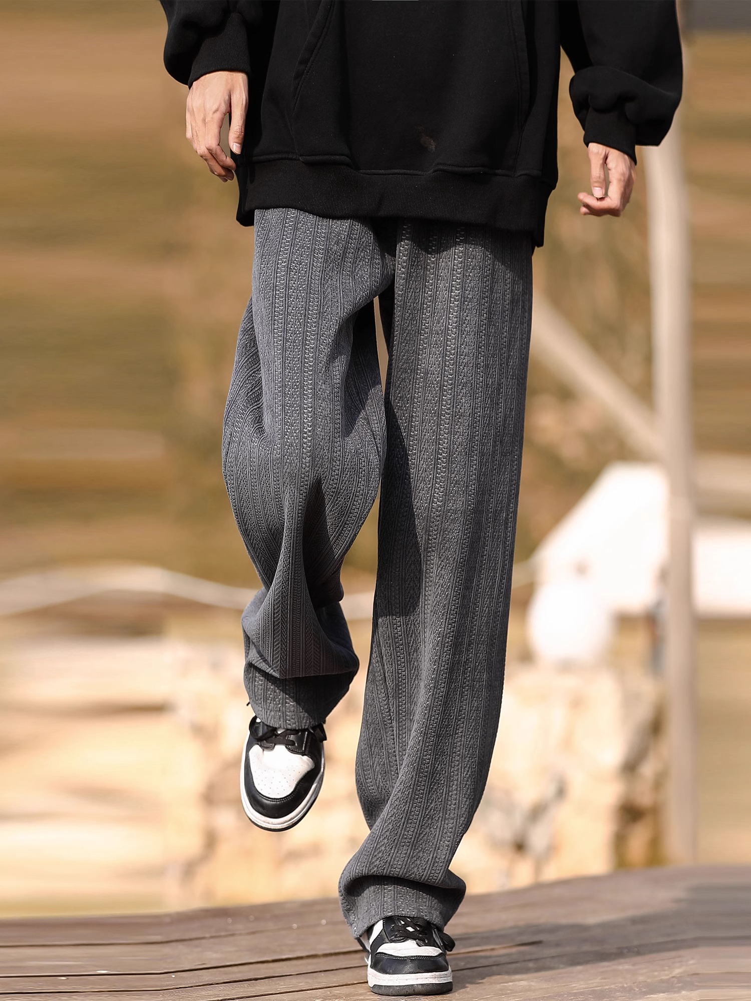 时尚品牌春秋季新款松垂加厚休闲阔腿裤男士韩式覆古麦穗纹直筒裤