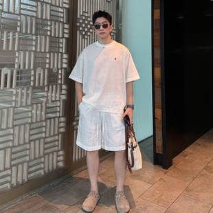 轻熟风亚麻休闲 运动套装男士夏季新款宽松简约休闲 短袖短裤两件