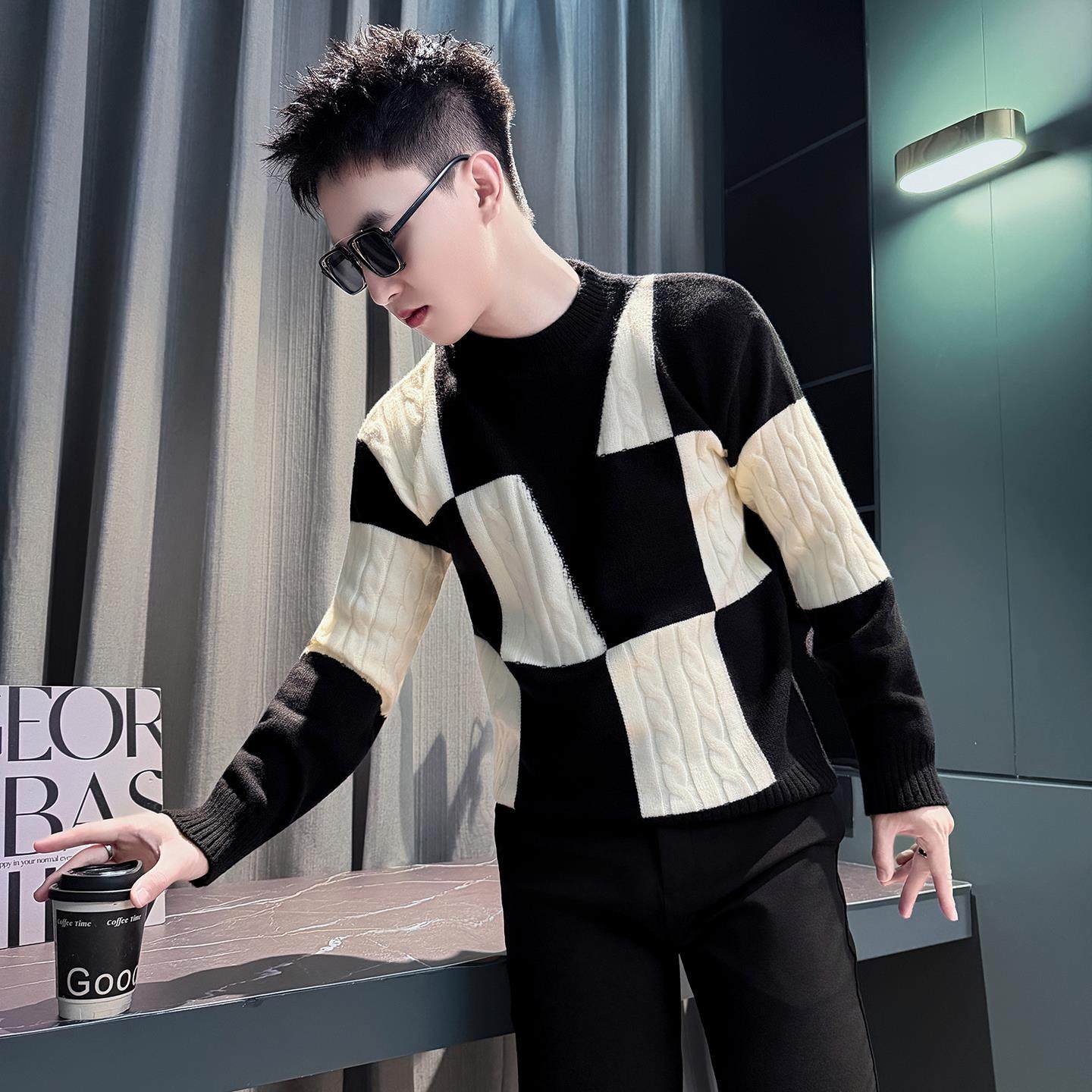 潮牌冬季新款撞色格子毛衣男韩版痞帅内搭打底衫加厚高级感针织衫