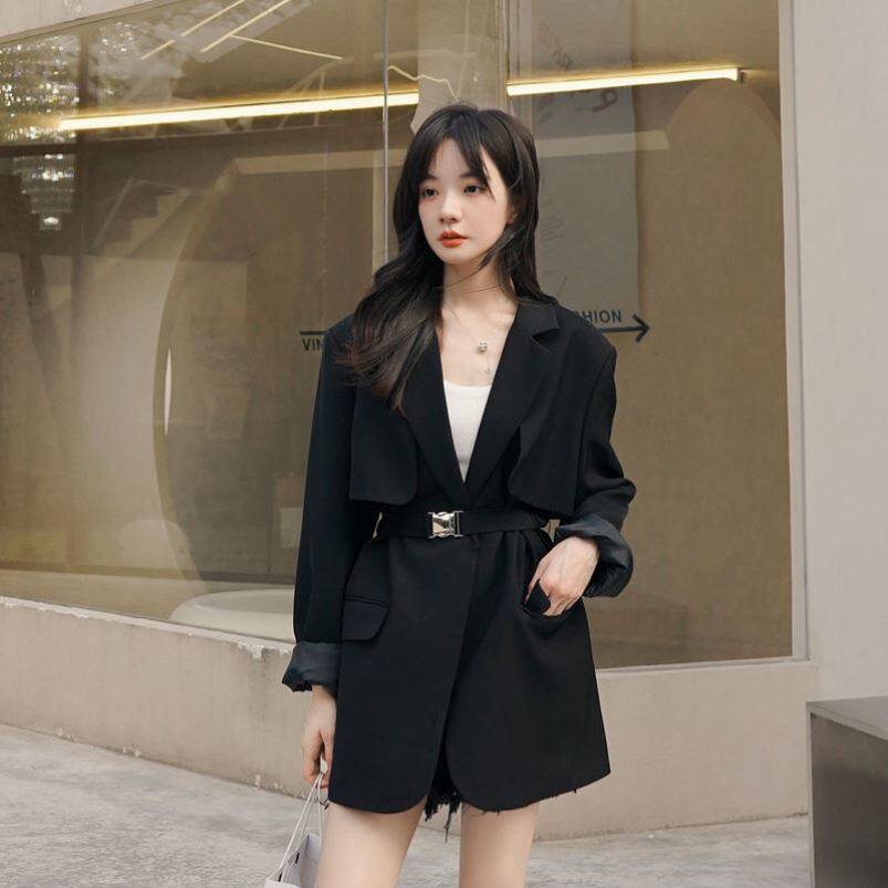 系带炸街高级感黑色西装外套女春秋甜酷设计感小众休闲西服小个子