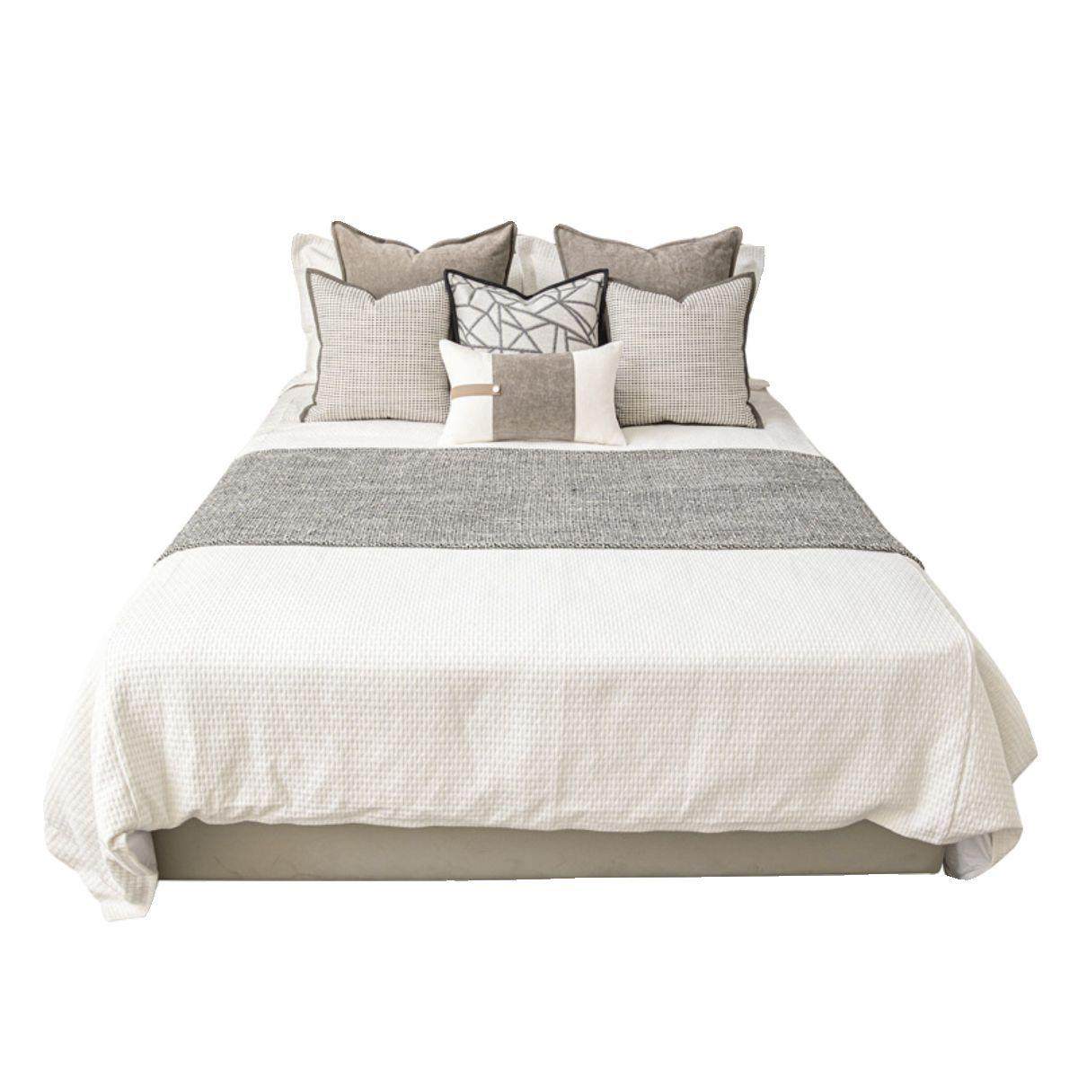 新中式卧室软装床品套件米咖色棉麻搭毯床尾巾床头靠枕民宿样板房