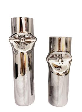 现代简约欧式圆柱夹扁造型玻璃花插花器摆件样板房售楼处软装饰品