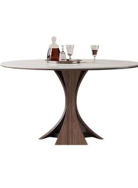 家北欧实木餐简桌圆Y142形带转6人用现盘代约意式高端亮光岩板圆