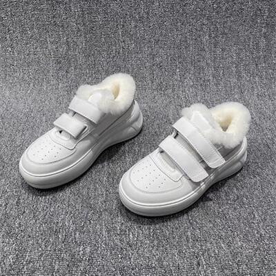 增高厚底小白鞋女秋冬魔术贴女鞋加绒休闲松糕鞋百搭白色软皮板鞋