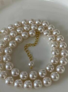 暖白色珍珠项链饰品女百搭小众设计感毛衣链正圆强光颈链锁骨链