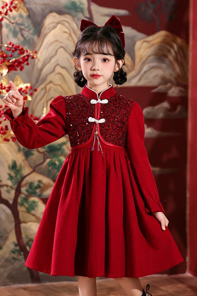中大童红色连衣裙新中式改良旗袍小女孩长袖立领喜庆新年礼服裙子